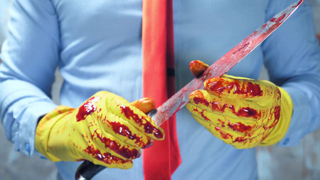 closeup. male hands in rubber gloves holding a bloody knifeの写真素材