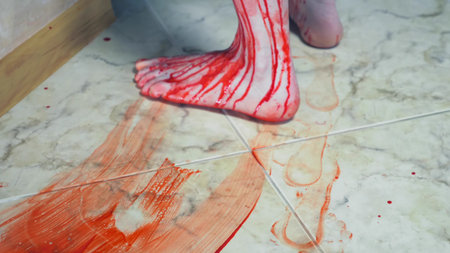 the bloody traces of blood from bare feet on the floorの写真素材