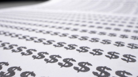 extremely close-up, detailed. text background. dollar sign printed on paperの写真素材