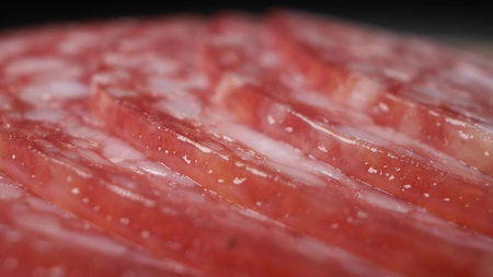 extreme closeup, detailed. salami sausage cut into thin pieces on a wooden boardの写真素材