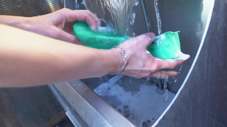 close-up of female hands rinsing a large sponge in an industrial sinkの写真素材