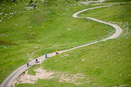 Mountainbikers riding on a pathの写真素材