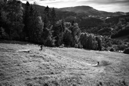 Mountainbikers ride on a pathの写真素材