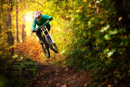 Mountainbiker rides in autumn forest