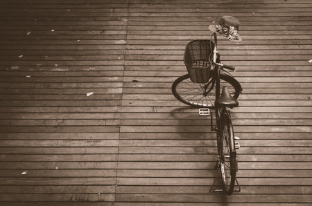 bicycle on the wooden floor の写真素材