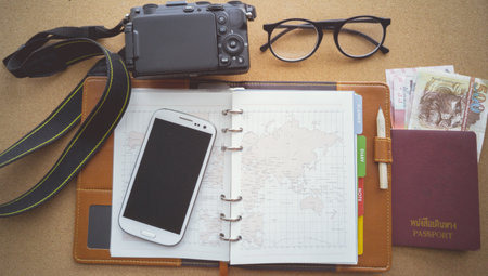 top view, flat Lay Instagram looking image of travelling concept. Retro effect, filters, color toning, selective focus, shallow depth of fieldの写真素材