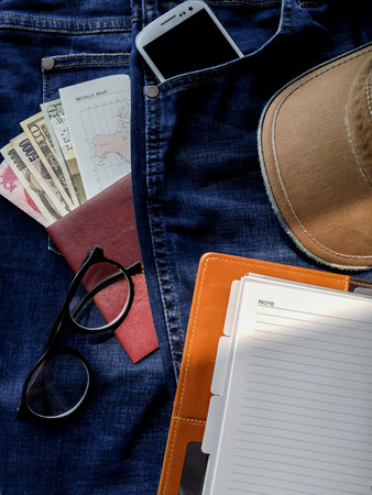 Flat lay photography of men's casual outfits, Outfits of travelerの写真素材