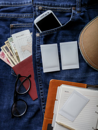 Flat lay photography of men's casual outfits, Outfits of travelerの写真素材