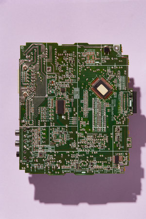 Green circuit board isolated on magenta background. Template with a copy spaceの写真素材