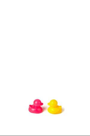 Colorful toy ducks isolated on white background with the clipping path.の写真素材