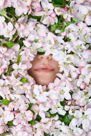 female lips in the center surrounded by flowers. emphasis on lips. lip templateの写真素材