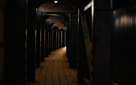 Dark Corridor with Steel Beams and Wooden Flooring