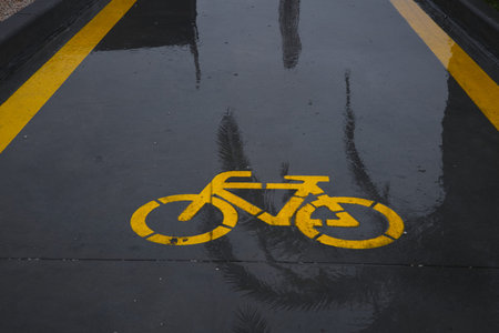 A professional outdoor shot of a bright yellow bicycle icon painted on a dark, wet asphalt path. The...
