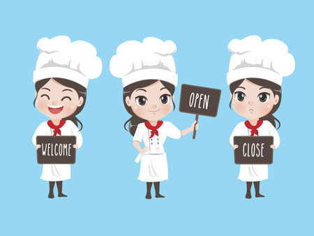 The female chef holds a signage at the front of the shop.There are welcome signage open sign and close signage.のイラスト素材