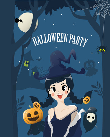 Beautiful Witches in the Dark and Horrible Halloween Night With the ghosts of friends.のイラスト素材