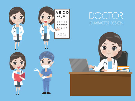 Female doctors in various gestures in uniform. While she was working in the hospital.のイラスト素材