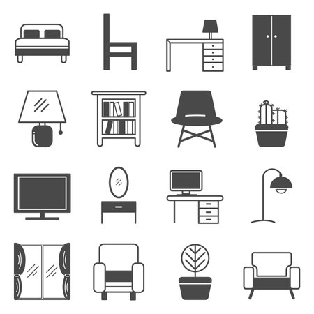 Furniture icon and decorate the house with dark gray on white background.のイラスト素材