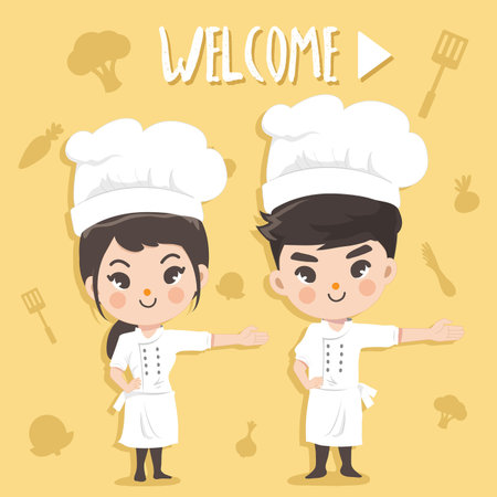 Chefs stand welcoming the customer with a happy and pleased expression.のイラスト素材