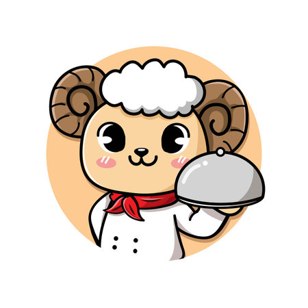 logo cute and friendly sheep chef holds a delicious steak lamb meat dish.のイラスト素材