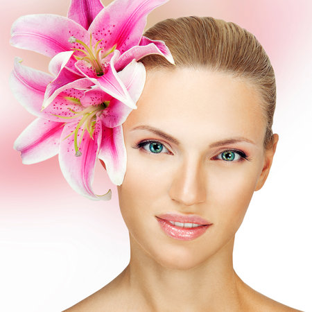 Beautiful Lady With Pink Lilyの写真素材