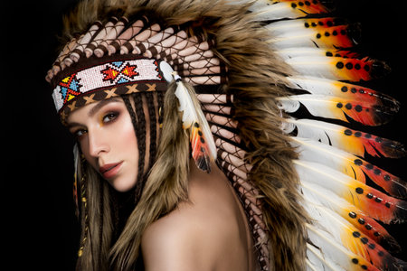 Beautiful ethnic lady with roach on her head. Indianの写真素材