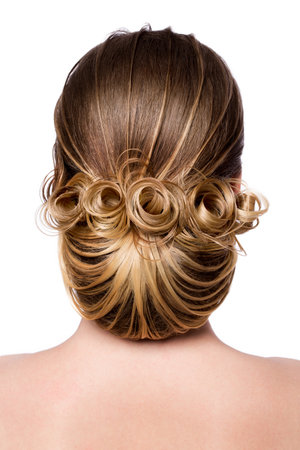 Beautiful bride with fashion wedding hairstyle - on white backgroundの写真素材