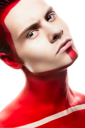 Superhiro art make up. Close up portret on a wight background. Man portretの写真素材