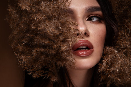 Pretty woman with bright makeup. Beautiful girl with flowers. Stunning brunette girl with big bouquet . Closeup face of young beautiful woman with a healthy clean skin.の写真素材