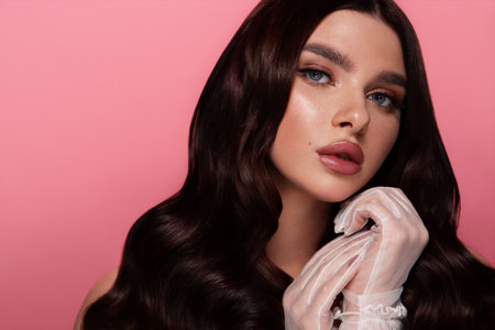Beautiful woman with perfect skin on pink background. Beauty and skin care concept.の写真素材