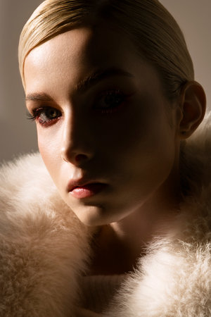 Closeup image of a woman in a luxurious fur coatの写真素材