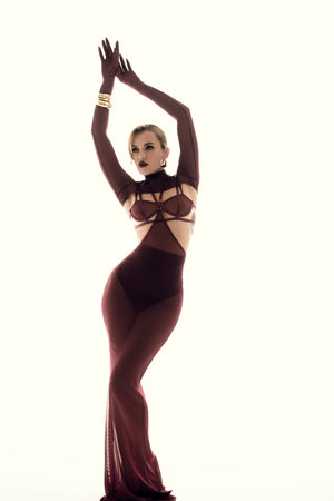 An Elegant Fashion Model Posing Dramatically in a Sheer Red Dress That Exudes Beauty and Classの写真素材
