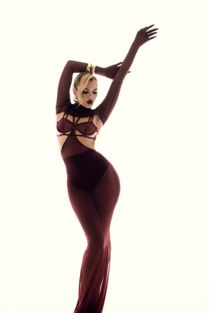 An Elegant Fashion Pose Exhibiting an EyeCatching Sheer Maroon Dress in a Studio Settingの写真素材