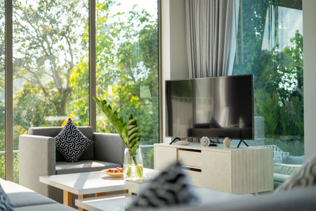 Interior design in villa, house, home, condo and apartment feature sofa, middle tale and television...