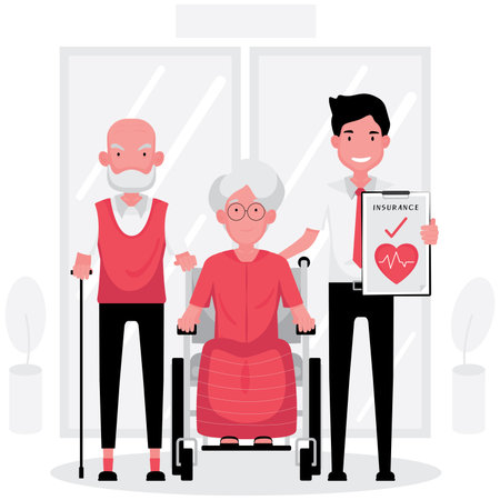 Health insurance feature elderly people with a broker holding policyのイラスト素材