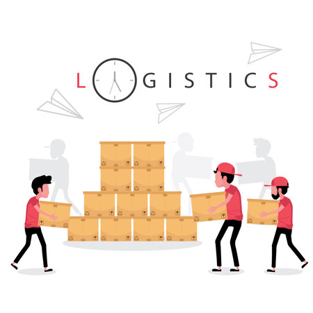 Logistic business feature people work in warehouse holding parcel or boxのイラスト素材