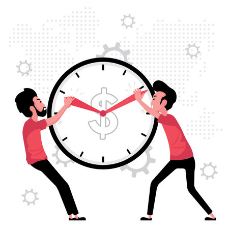 Time management feature a man pulling clock handsのイラスト素材