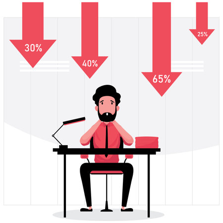 Stock falls feature a man sitting with an arrow down at the backのイラスト素材
