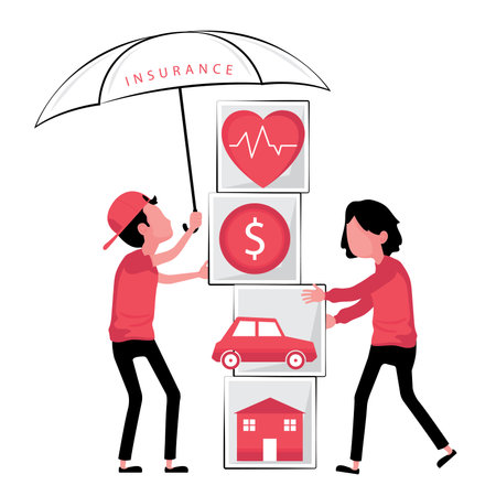 Broker insurance feature a man holding umbrella and woman stand next to the box of heart, money sign, car and houseのイラスト素材