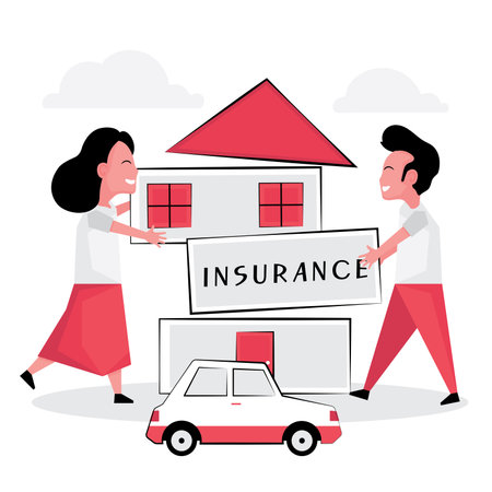 home or house insurance feature a couple holding a sign in front of the house with a small carのイラスト素材