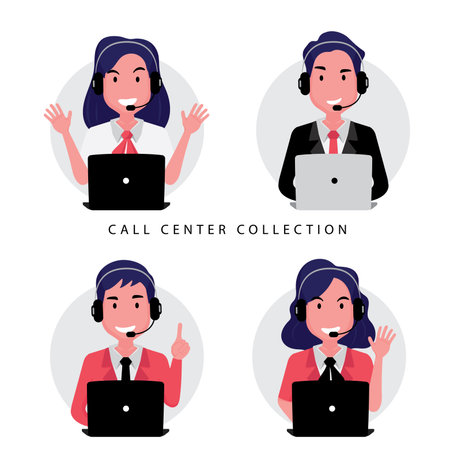 A collection of call center or customer service staff including woman and man sitting in front of computerのイラスト素材