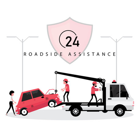 Car insurance business feature broker sending a big truck to get a broken car with 24 hours serviceのイラスト素材