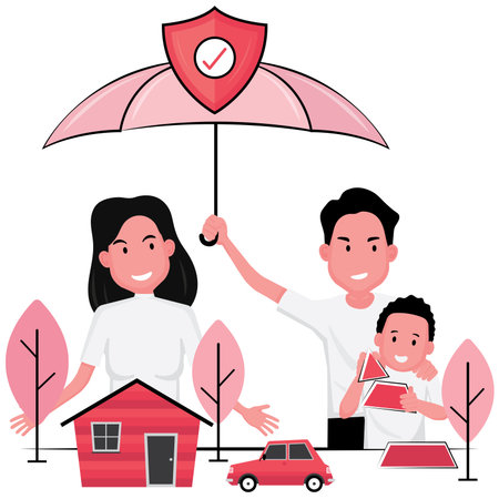 House and car insurance feature father, mother and son using the same umbrellaのイラスト素材