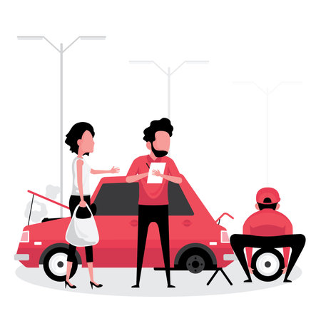 Car insurance company feature a broker help client to replace a tire of carのイラスト素材