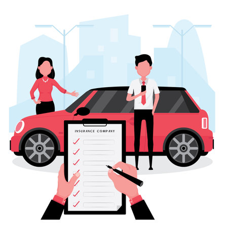 Car insurance company feature a broker is writing in policy while client stand next to the carのイラスト素材