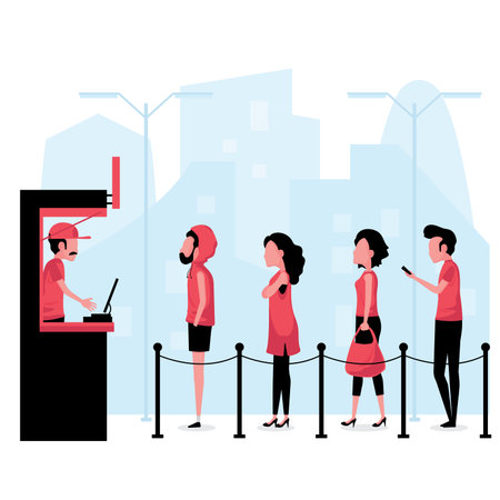 Social distancing showing a man and woman stand in a queue to buy somethingのイラスト素材