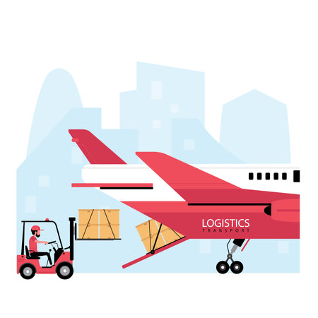 Logistic, shipping or express delivery concept feature a man with small car loading parcel or package on a planeのイラスト素材