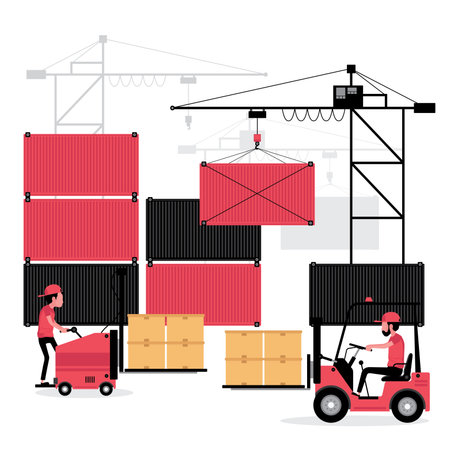 Logistic business feature a people is working in factory, warehouse. Some drive a forklift to manage the parcelのイラスト素材