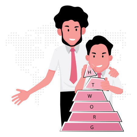 achieve goal picture feature a man working together to build a pink pyramidのイラスト素材