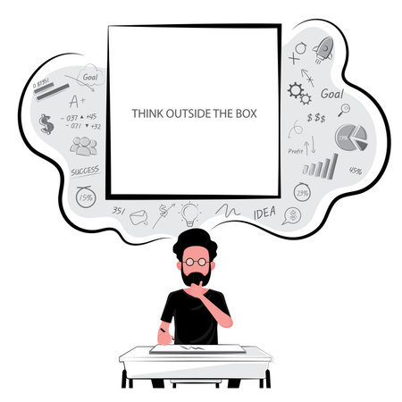 A man is thinking and try to find an idea to fill an empty boxのイラスト素材