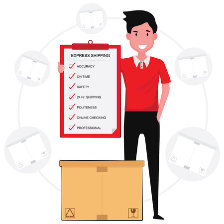A man with parcel, package is holding a board with list of shipping policy for logisticのイラスト素材